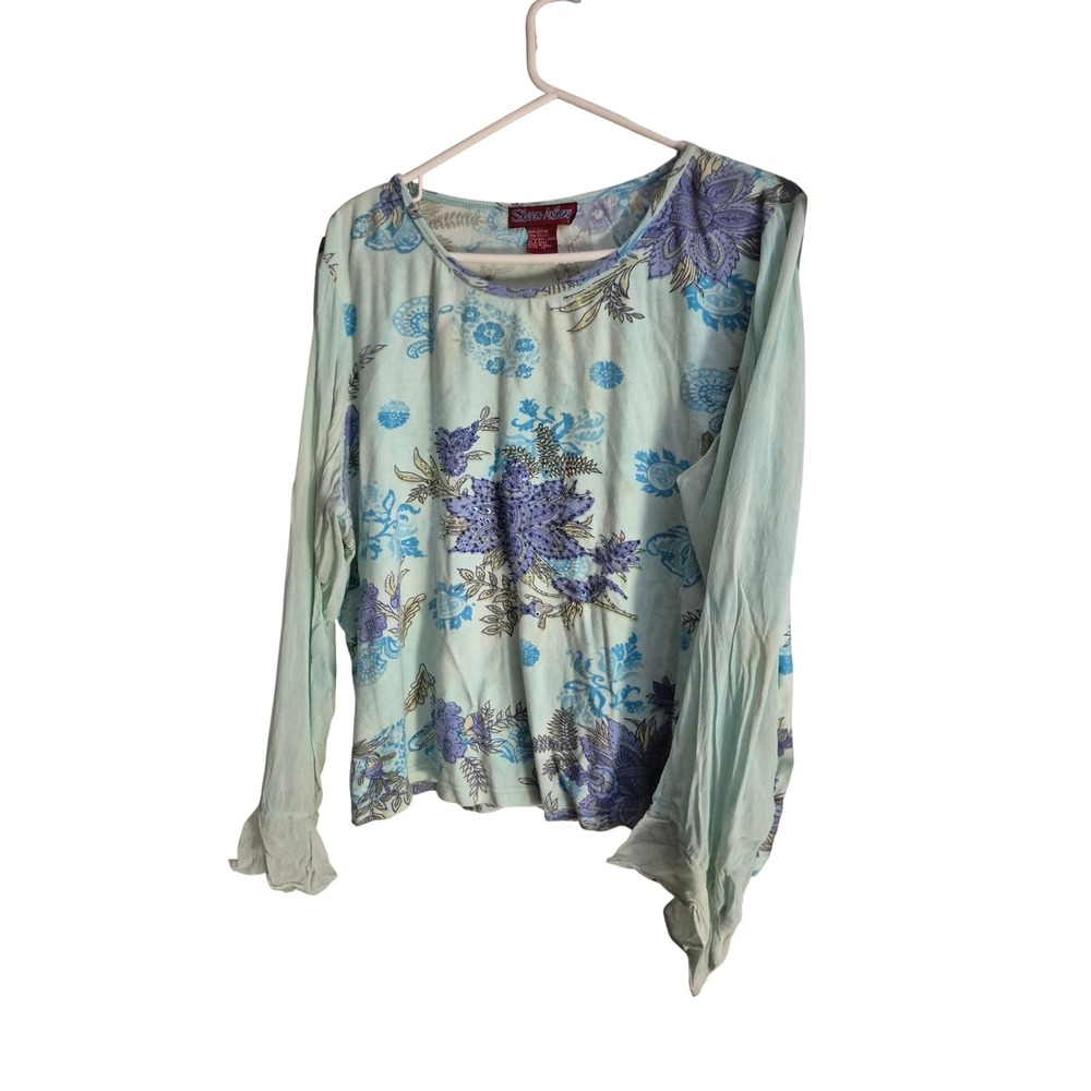 Y2K Sharon Anthony Floral Paisley Top Womens 1X Blue Beaded Mixed Media‎ Boho
